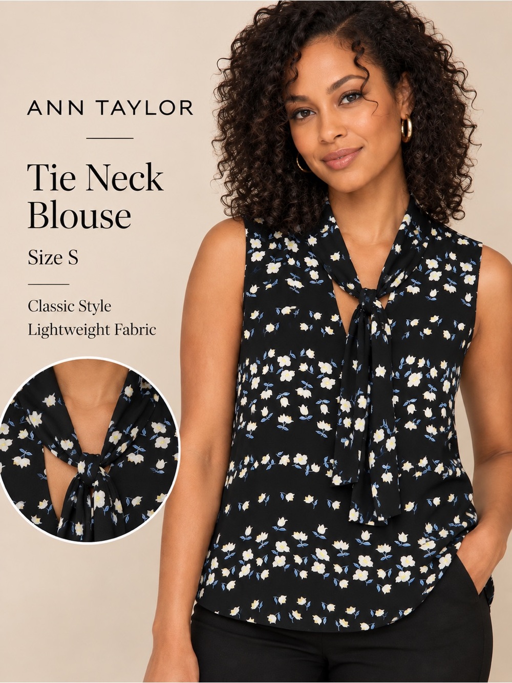 Ann Taylor Floral Tie Neck V-Neck Sleeveless Blouse Black Size S
